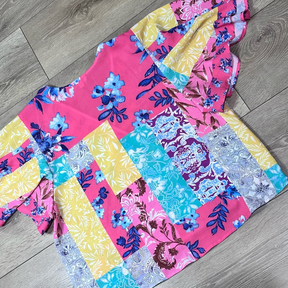 Umgee Mock Wrap Crossbody Flutter Sleeve Mixed Print Top - Picture 15 of 15